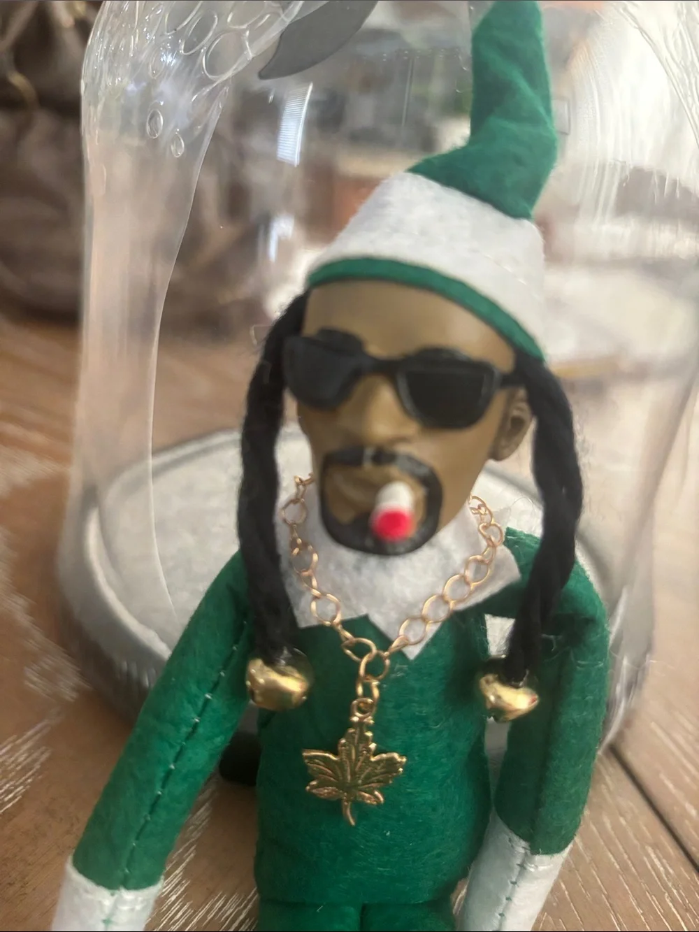 Green Holiday Elf Doll with White Trim and Gold Leaf Charm